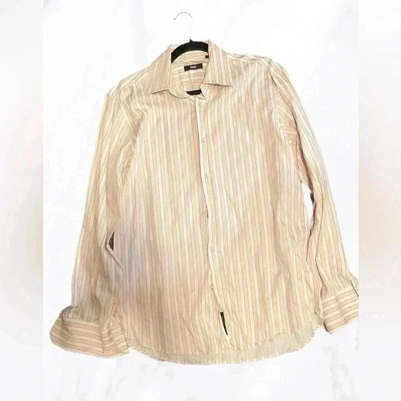 Hugo Boss work casual yellow black  striped long sleeve cuff dress shirt 16 - Picture 1 of 4